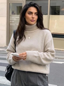 Dazy Plus Sweater Pullover Lengan Panjang Kerah Tinggi Kasual Warna Polos untuk Perjalanan Sehari-hari, Gaya Baru Musim Gugur/Dingin - Aprikot - View 7