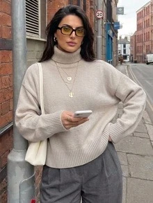 Dazy Plus Sweater Pullover Lengan Panjang Kerah Tinggi Kasual Warna Polos untuk Perjalanan Sehari-hari, Gaya Baru Musim Gugur/Dingin - Aprikot - View 6