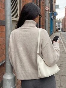 Dazy Plus Sweater Pullover Lengan Panjang Kerah Tinggi Kasual Warna Polos untuk Perjalanan Sehari-hari, Gaya Baru Musim Gugur/Dingin - Aprikot - View 2