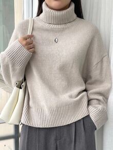 Dazy Plus Sweater Pullover Lengan Panjang Kerah Tinggi Kasual Warna Polos untuk Perjalanan Sehari-hari, Gaya Baru Musim Gugur/Dingin - Aprikot - View 4