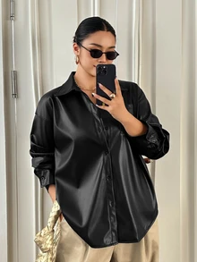 Dazy Plus Chaqueta de PU de unicolor, corte holgado, cuello de solapa, manga larga, con bolsillo, estilo casual streetwear, camisa para otoño/invierno - Negro - Ver 4