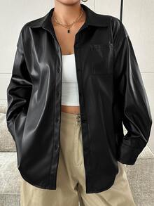 Dazy Plus Chaqueta de PU de unicolor, corte holgado, cuello de solapa, manga larga, con bolsillo, estilo casual streetwear, camisa para otoño/invierno - Negro - Ver 8