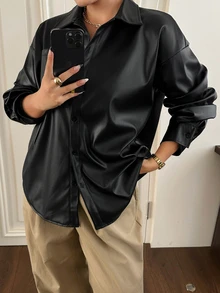 Dazy Plus Chaqueta de PU de unicolor, corte holgado, cuello de solapa, manga larga, con bolsillo, estilo casual streetwear, camisa para otoño/invierno - Negro - Ver 7