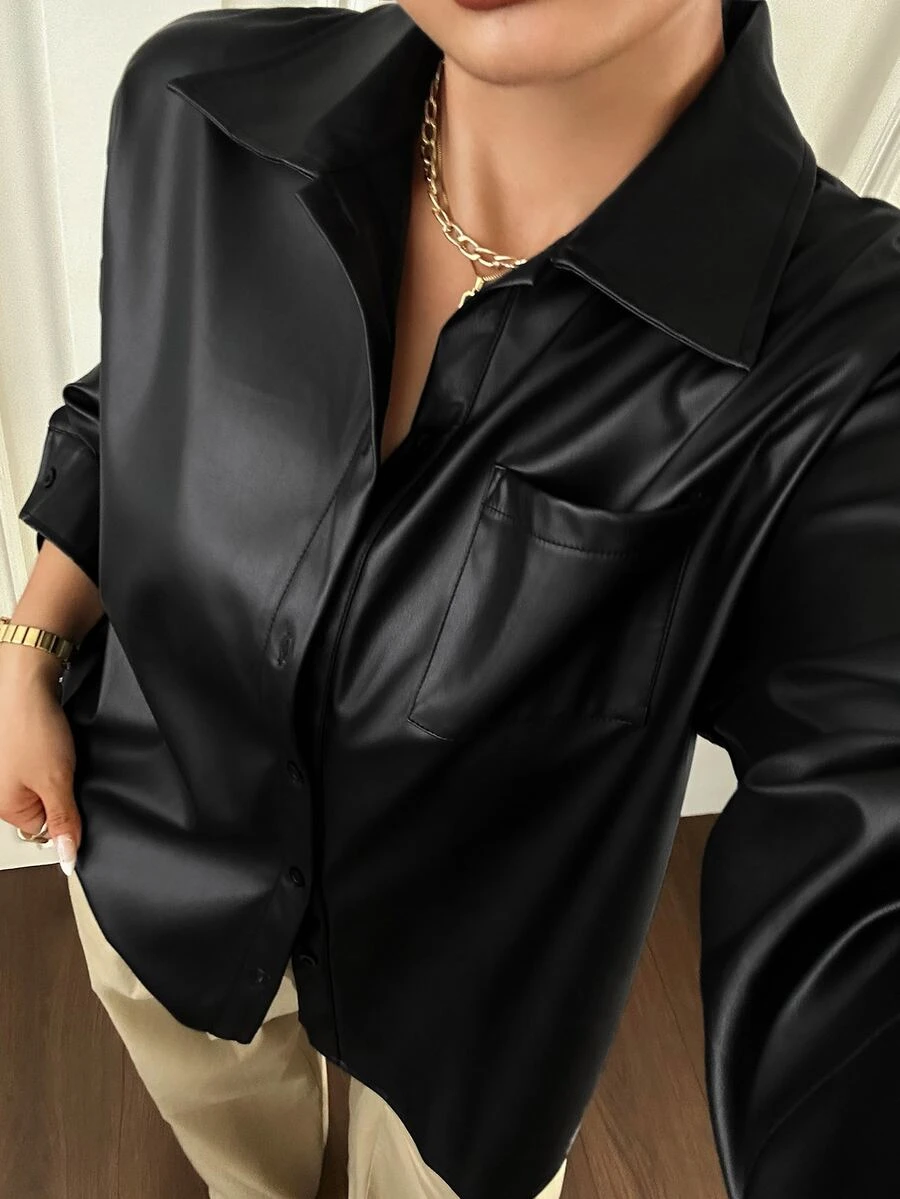 Dazy Plus Chaqueta de PU de unicolor, corte holgado, cuello de solapa, manga larga, con bolsillo, estilo casual streetwear, camisa para otoño/invierno - Negro - Ver 1