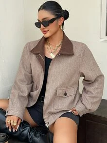 Dazy Plus Jaket Kasual Jalanan Motif Kotak-kotak Patchwork Warna Kontras Campuran Wol untuk Musim Semi, Gugur, dan Musim Dingin - Unta - View 4