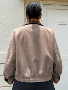 Dazy Plus Jaket Kasual Jalanan Motif Kotak-kotak Patchwork Warna Kontras Campuran Wol untuk Musim Semi, Gugur, dan Musim Dingin - Unta - View 2