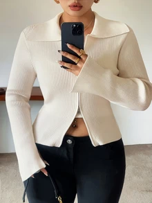 Dazy Plus Solid Color Casual Zip-Up Fitted Sweater, White Versatile Cardigan For Autumn/Winter - Apricot - View 2