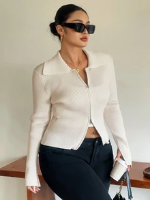 Dazy Plus Solid Color Casual Zip-Up Fitted Sweater, White Versatile Cardigan For Autumn/Winter - Apricot - View 3