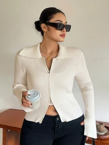 Dazy Plus Solid Color Casual Zip-Up Fitted Sweater, White Versatile Cardigan For Autumn/Winter - Apricot - View 5