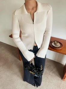 Dazy Plus Solid Color Casual Zip-Up Fitted Sweater, White Versatile Cardigan For Autumn/Winter - Apricot - View 7