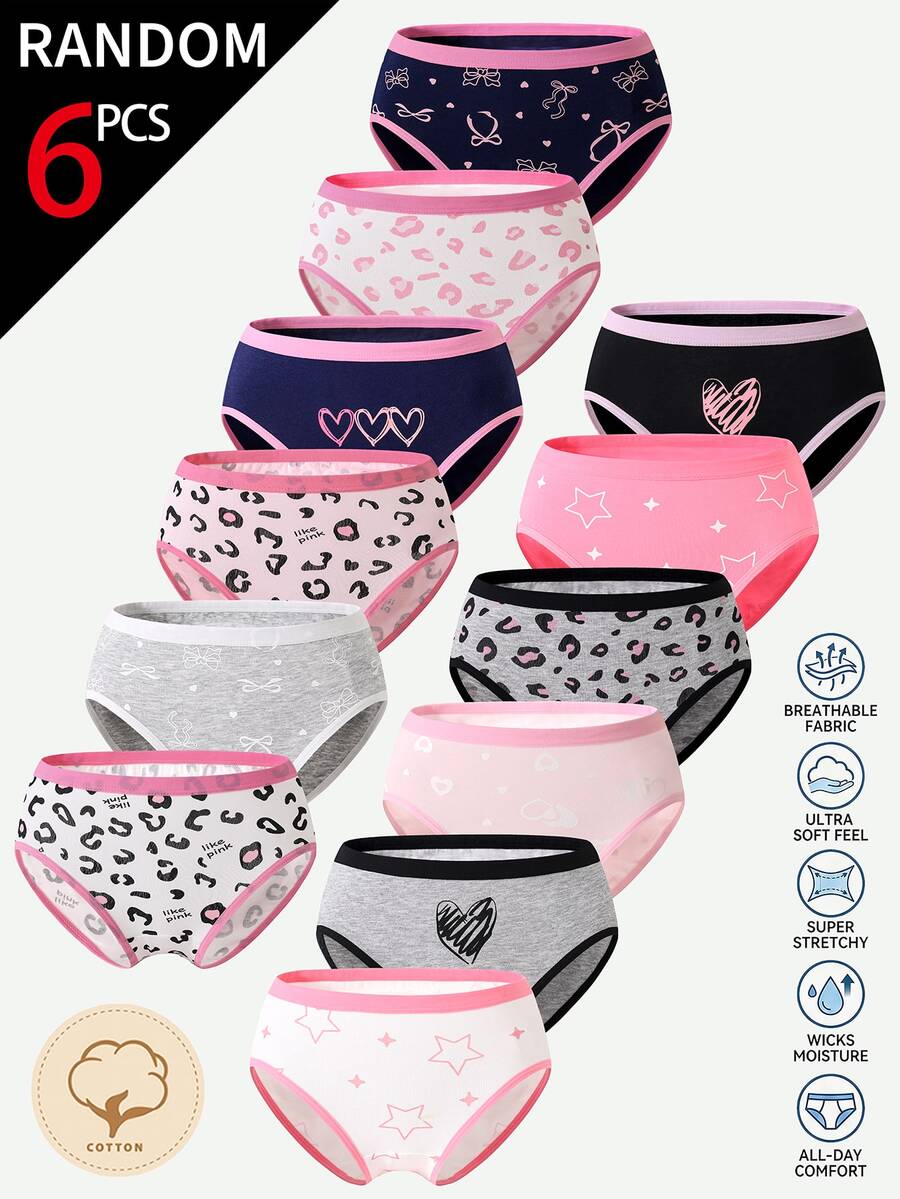 [6 Random Piece ]Tween Girls Cotton Panties, Soft All-Season Basic Briefs With Leopard Bow Print And Contrast Waistband Autumn Fall - Multicolor - View 1