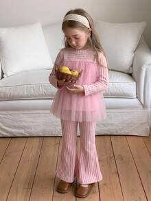 DAZY Young Girls' Cute Mesh Patchwork A-Line Princess Sweatshirt + Flared Pants 2 Pieces Set Fall - Pink - View 7