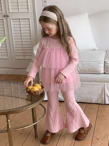 DAZY Young Girls' Cute Mesh Patchwork A-Line Princess Sweatshirt + Flared Pants 2 Pieces Set Fall - Pink - View 6
