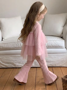 DAZY Young Girls' Cute Mesh Patchwork A-Line Princess Sweatshirt + Flared Pants 2 Pieces Set Fall - Pink - View 1