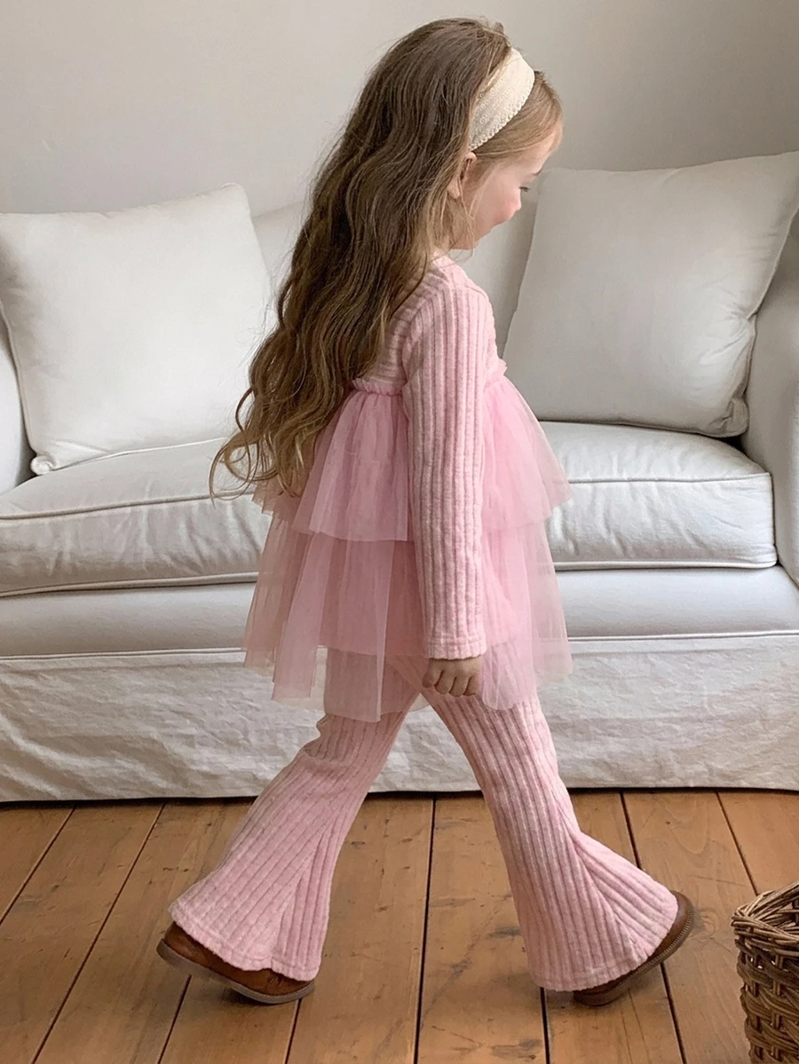 DAZY Young Girls' Cute Mesh Patchwork A-Line Princess Sweatshirt + Flared Pants 2 Pieces Set Fall - Pink - View 1