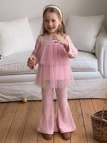 DAZY Young Girls' Cute Mesh Patchwork A-Line Princess Sweatshirt + Flared Pants 2 Pieces Set Fall - Pink - View 8