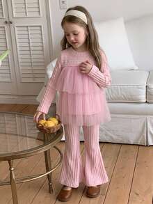 DAZY Young Girls' Cute Mesh Patchwork A-Line Princess Sweatshirt + Flared Pants 2 Pieces Set Fall - Pink - View 5