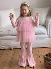 DAZY Young Girls' Cute Mesh Patchwork A-Line Princess Sweatshirt + Flared Pants 2 Pieces Set Fall - Pink - View 4