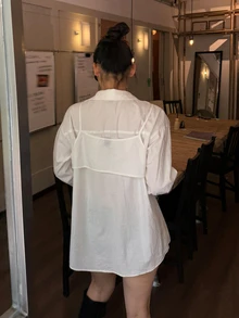 DAZY Women's Solid Color Lapel Long Sleeve Casual Korean Style Camisole & Extended Sleeve Shirt 2 Pieces Set Fall - White - View 2