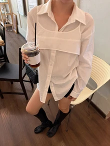 DAZY Women's Solid Color Lapel Long Sleeve Casual Korean Style Camisole & Extended Sleeve Shirt 2 Pieces Set Fall - White - View 3