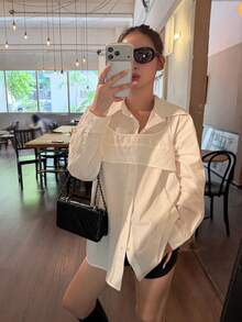 DAZY Women's Solid Color Lapel Long Sleeve Casual Korean Style Camisole & Extended Sleeve Shirt 2 Pieces Set Fall - White - View 4
