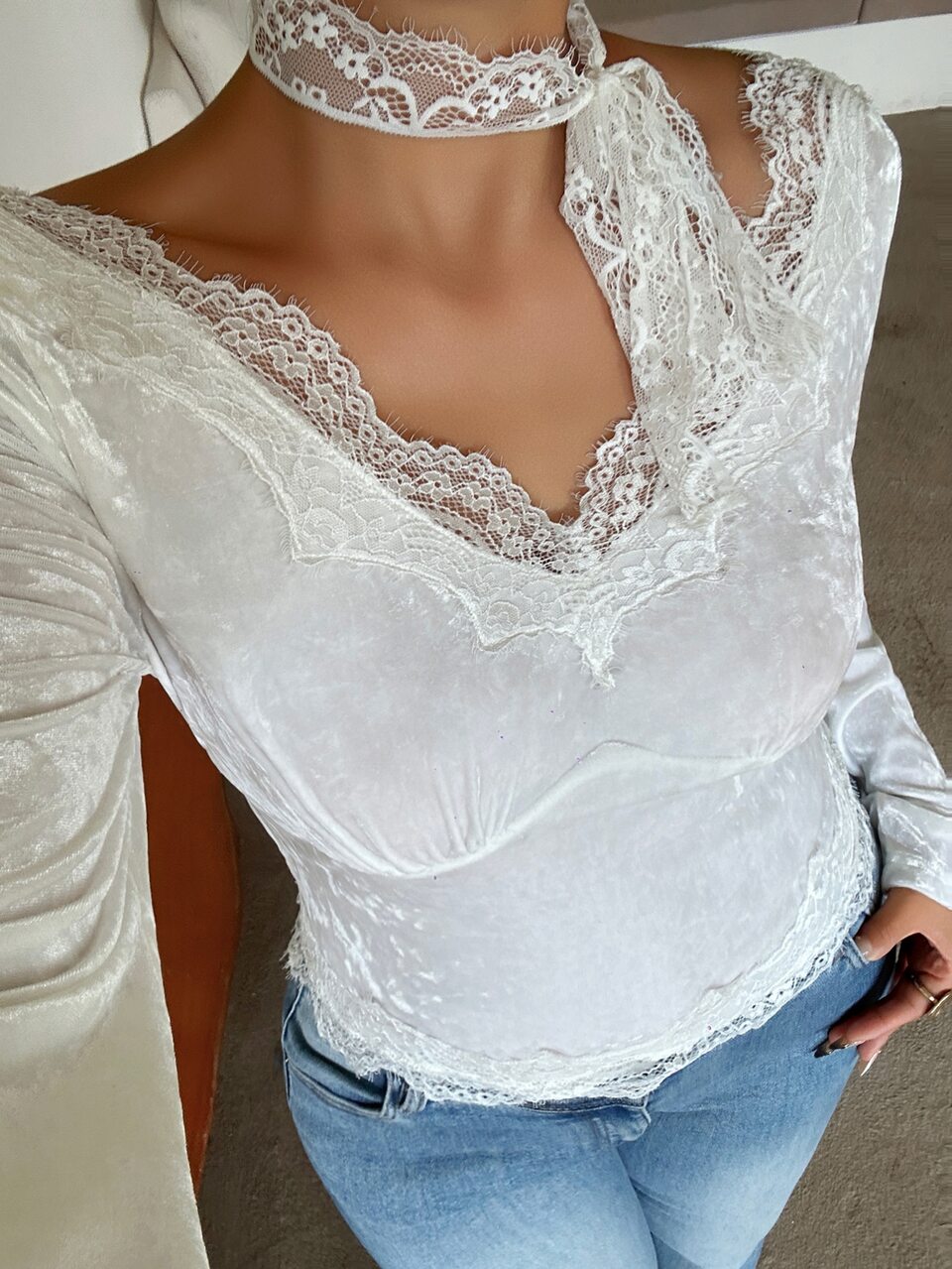 Dazy Plus Velvet Wrap Contrast Lace Sexy Top Spring/Autumn New T-Shirt Vacation