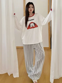 Dazy Plus Cute Cartoon Home Wear Long Pants 2-Piece Pajama Set Fall - White - View 5