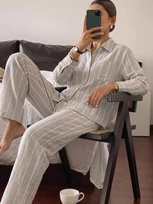 DAZY Women's Striped Long Sleeve Top And Pants Casual Daily Loungewear Set Fall - Khaki - View 1