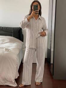 DAZY Women's Striped Long Sleeve Top And Pants Casual Daily Loungewear Set Fall - Khaki - View 3