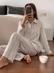 DAZY Women's Striped Long Sleeve Top And Pants Casual Daily Loungewear Set Fall - Khaki - View 4