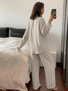 DAZY Women's Striped Long Sleeve Top And Pants Casual Daily Loungewear Set Fall - Khaki - View 2