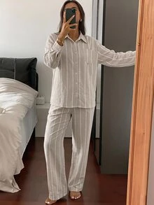 DAZY Women's Striped Long Sleeve Top And Pants Casual Daily Loungewear Set Fall - Khaki - View 5