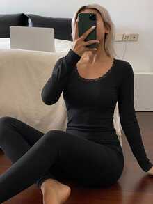 DAZY Women's Backless Long Sleeve Top & Pants Pajama Set Fall - Black - View 8
