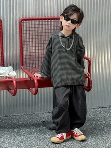 Dazy Kids Young Boy Striped Hooded Sweatshirt Top + Curved Leg Tapered Casual Pants 2 Pieces Sweatshirt Set Fall - Black - View 6