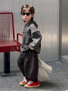 Dazy Kids Young Boy Striped Hooded Sweatshirt Top + Curved Leg Tapered Casual Pants 2 Pieces Sweatshirt Set Fall - Black - View 2