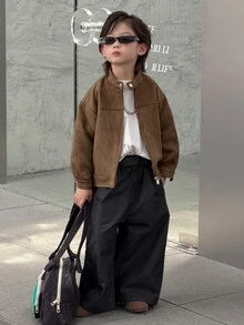 Dazy Kids Boys (Small) Brown Loose Zip-Up Autumn/Winter Thick Suede Fleece Long Sleeve Jacket - Brown - View 2