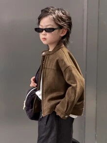 Dazy Kids Boys (Small) Brown Loose Zip-Up Autumn/Winter Thick Suede Fleece Long Sleeve Jacket - Brown - View 1