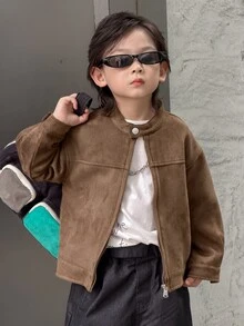 Dazy Kids Boys (Small) Brown Loose Zip-Up Autumn/Winter Thick Suede Fleece Long Sleeve Jacket - Brown - View 8
