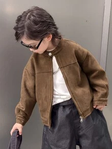 Dazy Kids Boys (Small) Brown Loose Zip-Up Autumn/Winter Thick Suede Fleece Long Sleeve Jacket - Brown - View 7