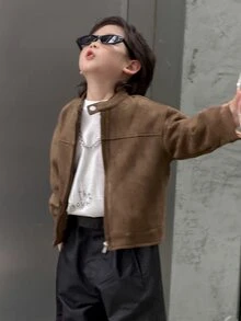 Dazy Kids Boys (Small) Brown Loose Zip-Up Autumn/Winter Thick Suede Fleece Long Sleeve Jacket - Brown - View 4