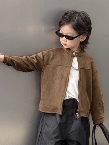 Dazy Kids Boys (Small) Brown Loose Zip-Up Autumn/Winter Thick Suede Fleece Long Sleeve Jacket - Brown - View 5