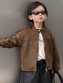 Dazy Kids Boys (Small) Brown Loose Zip-Up Autumn/Winter Thick Suede Fleece Long Sleeve Jacket - Brown - View 6