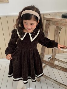 Dazy Kids Young Girls' Coffee Color Heavy Beaded Lapel Slim Fit Cute Elegant Style Dress Fall - Coffee - View 4