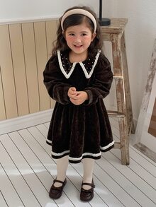 Dazy Kids Young Girls' Coffee Color Heavy Beaded Lapel Slim Fit Cute Elegant Style Dress Fall - Coffee - View 2