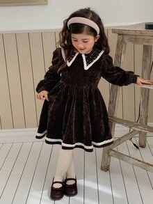 Dazy Kids Young Girls' Coffee Color Heavy Beaded Lapel Slim Fit Cute Elegant Style Dress Fall - Coffee - View 1