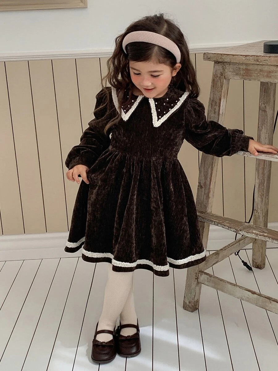 Dazy Kids Young Girls' Coffee Color Heavy Beaded Lapel Slim Fit Cute Elegant Style Dress Fall - Coffee - View 1