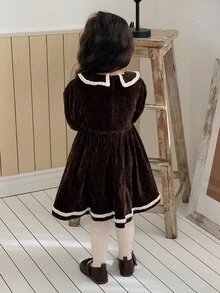 Dazy Kids Young Girls' Coffee Color Heavy Beaded Lapel Slim Fit Cute Elegant Style Dress Fall - Coffee - View 3