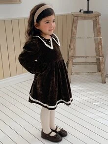 Dazy Kids Young Girls' Coffee Color Heavy Beaded Lapel Slim Fit Cute Elegant Style Dress Fall - Coffee - View 6