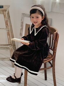 Dazy Kids Young Girls' Coffee Color Heavy Beaded Lapel Slim Fit Cute Elegant Style Dress Fall - Coffee - View 7