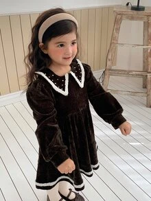 Dazy Kids Young Girls' Coffee Color Heavy Beaded Lapel Slim Fit Cute Elegant Style Dress Fall - Coffee - View 5